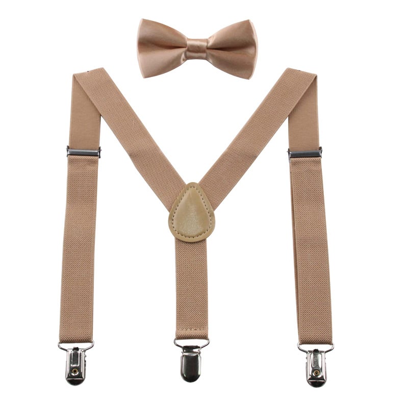 GUCHOL Khaki Kids Suspenders Bow Tie for Boys and Girls Adjustable Elastic Classic Accessory Sets Age 1 to 13 Year (Khaki  33 INCH (6-13 Year)